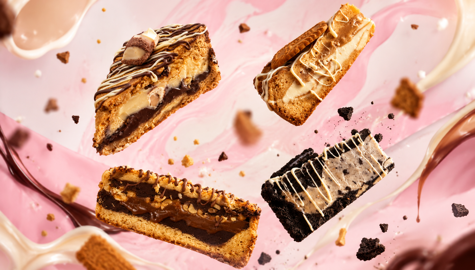 Quatro fatias de cookie Butter Be com diferentes recheios e coberturas