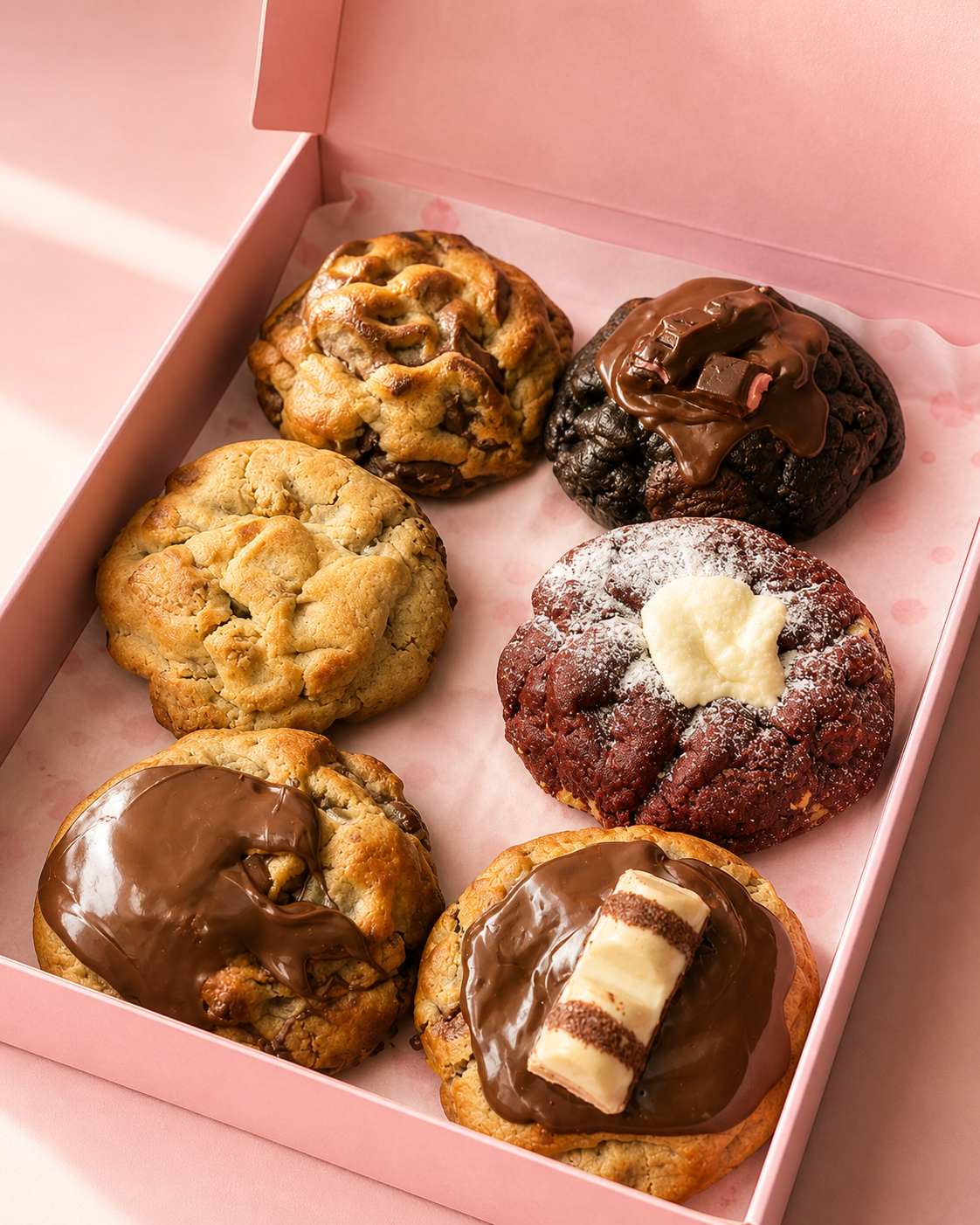 Caixa rosa Butter Be com seis cookies artesanais de sabores e recheios variados