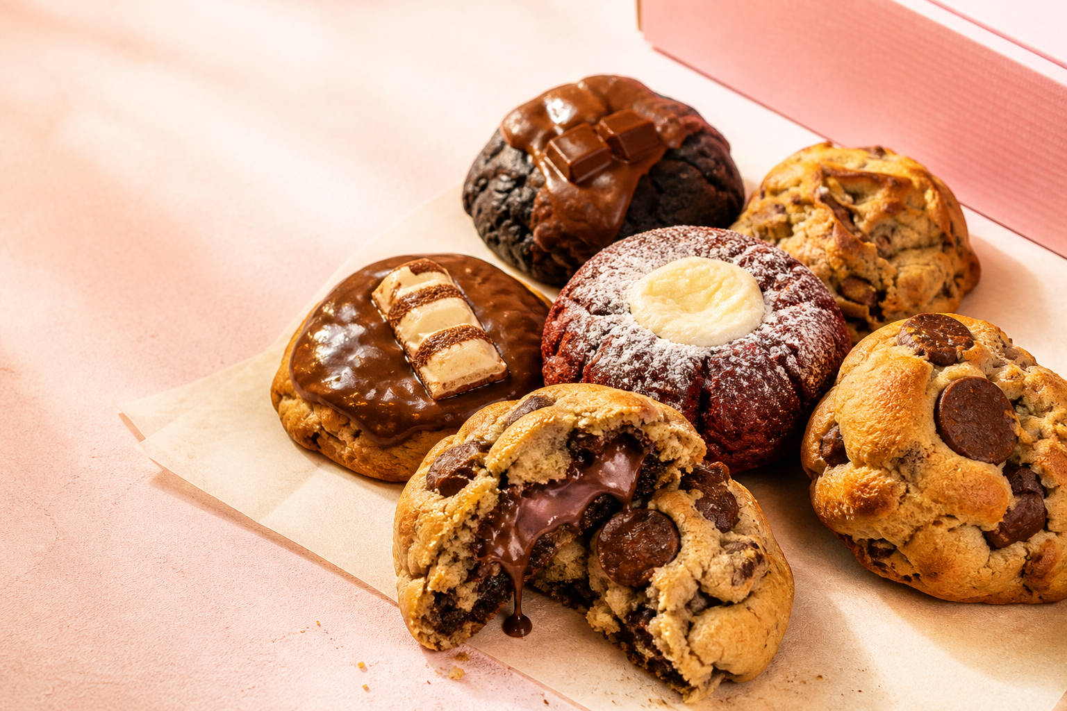 Seleção de cookies Butter Be com chocolate derretido e recheios variados